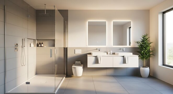 Modern bathroom design showcasing clean lines, ample natural light, and minimalist aesthetics