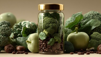 Glass jar filled with fresh greens and coffee beans, surrounded by various vegetables