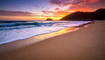Fototapeta premium Golden Sunset Over Ocean Waves On Sandy Beach With Bright Orange Sky Horizon And Water Reflection