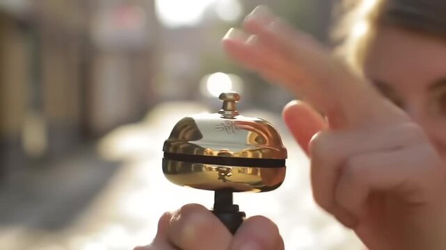 Close-up of a person's hands holding a brass bell