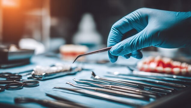 Dentist's gloved hand holds dental instrument over tools