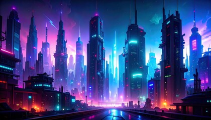 Fototapeta premium Neon-Lit Futuristic Cityscape with High-Rise Buildings.