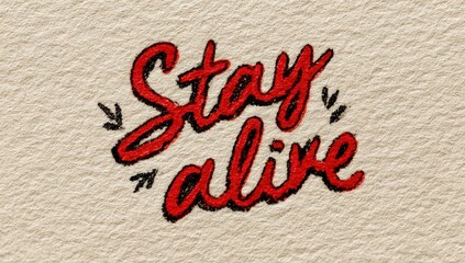 Hand-drawn lettering, red on beige, says "Stay Alive
