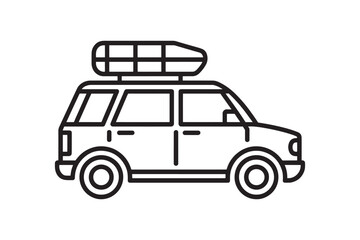Simple line art icon of an SUV with a roof rack for travel and adventure concepts. A minimalist vehicle vector illustration for road trips.