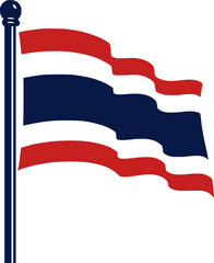 
A clean vector graphic of the Thai national flag on a flagpole, shown waving in the wind. The illustration is a simple, stylized depiction of the country's national symbol.