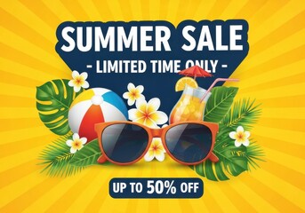 Summer sale limited time only up to 50 off with beach ball cocktail sunglasses and tropical leaves