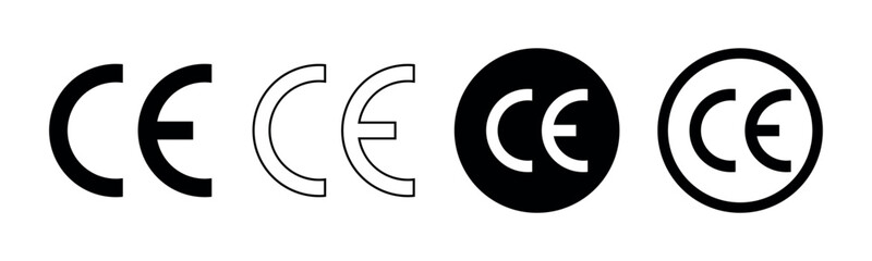 CE Mark Icon Set, European Conformity Certification Symbols in Black and Outline Style for Safety Standard, Compliance Label, Product Regulation and Quality Assurance Design
