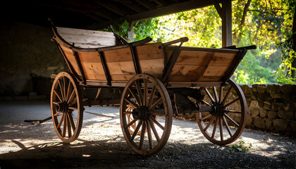 Fototapeta premium Vintage Wooden Cart with Four Spoked Wheels Under Stone Structure at Daytime with Sunlight