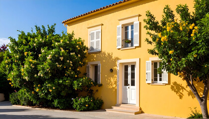 Fototapeta premium Yellow Exterior House with White Windows and Door Under Blue Sky and Green Trees
