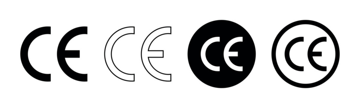 CE Mark Icon Set, European Conformity Certification Symbols in Black and Outline Style for Safety Standard, Compliance Label, Product Regulation and Quality Assurance Design