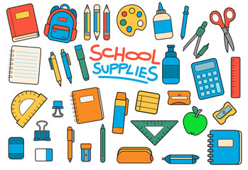 Colorful Vector School Supplies and Stationery Icons for Back to School