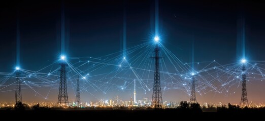 Night cityscape with energy infrastructure and network connections