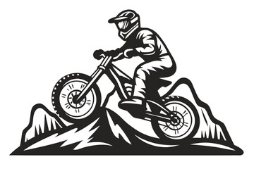 Downhill Biker Silhouette Riding Mountain Top Art on White Background