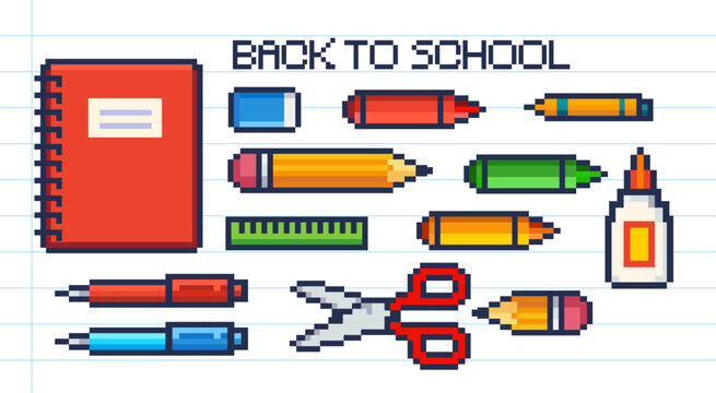 Pixel Art School Supplies Set in 8-Bit Retro Style