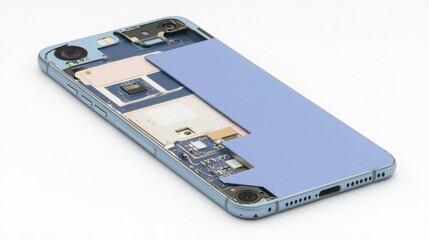 3D Rendering Illustration Concept. Smartphone Internal Components and Assembly Showcase with Blue Plastic Cover Detail