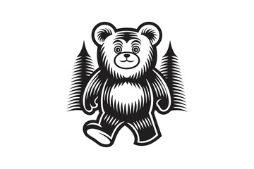 Bear Silhouette with Forest Trees, Black and White Wildlife