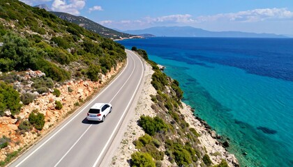 Coastal highway, white SUV driving along cliffside road overlooking turquoise ocean