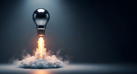 A metallic lightbulb shaped like a rocket is launching with a fiery exhaust and smoke.