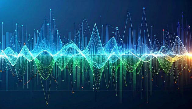 Abstract wave form with vibrant color gradients and data points