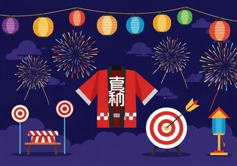 Japanese summer festival with fireworks, lanterns, traditional yukata, and target games, celebrating japanese culture and traditions