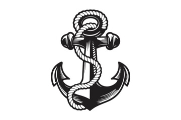 Black Anchor with Rope and Wing Shape on White Background