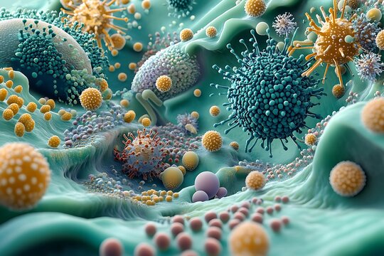 3D rendering of a microscopic view of microorganisms, some in blue and green colors,
