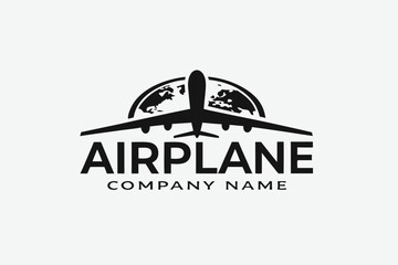 Airplane Logo on White Background Featuring World Globe Silhouette
