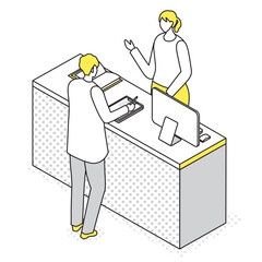 カウンターで書類に記入する男性客のイラスト