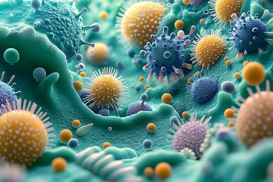 3D rendering of a microscopic view of microorganisms, some in blue and green colors, - Powered by Adobe