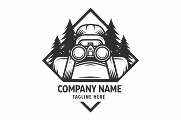 Black Outline of Person with Hat Looking Through Binoculars on White