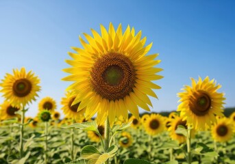 Fototapeta premium A vibrant field of sunflowers under a clear blue sky, showcasing their bright yellow petals and natural beauty in summer