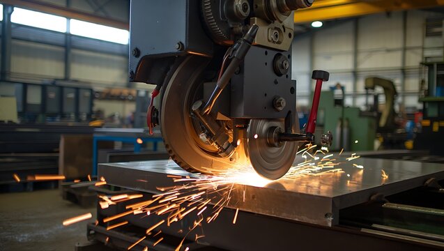 Metalworking Machine in Action Grinding Metal Creating Sparks in Factory Environment Precision Engineering and Industrial Manufacturing