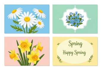 Collection of four springthemed greeting cards featuring daisies, forgetmenots, daffodils, and spring wishes