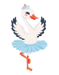 Cartoon White Swan in a Ballet Tutu, a Graceful and Playful Depiction for Dance Studios, Kids' Events, and Creative Projects