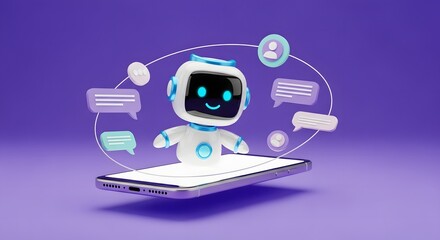 3D rendering of a friendly robot emerging from a smartphone screen, surrounded by chat bubbles.