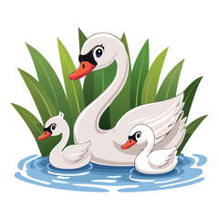 White Swans and Their Cygnet Resting Among Water Plants, a Beautiful and Peaceful Family Image for Nature and Wildlife Content
