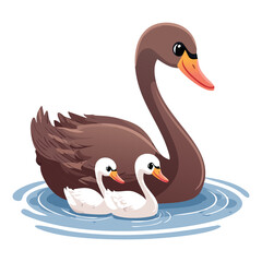 Graceful Black Swan and Its Cygnet Swimming on Water, a Serene and Touching Scene for Family, Motherhood and Nature Themes
