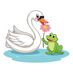 Cartoon Swan and Frog Sharing a Flower, a Playful and Sweet Illustration that Captures the Essence of Simple and True Friendship