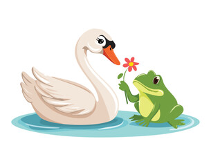Cute Swan and Frog Holding a Pink Flower, a Heartwarming Image of Friendship and Love in a Whimsical Cartoon Style