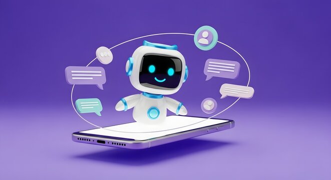 3D rendering of a friendly robot emerging from a smartphone screen, surrounded by chat bubbles.