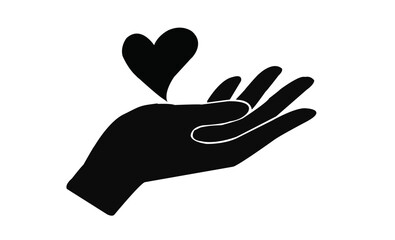 Silhouettes of heart In  hand, isolated on white 
