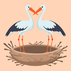 A pair of cute storks with crossed beaks in their nest, symbolizing a strong bond