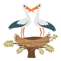 A couple of cartoon storks standing in their nest built high on a tree branch