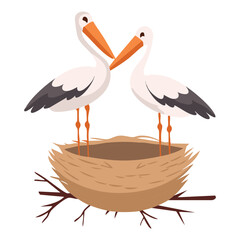 A pair of cartoon storks standing together in their nest, a symbol of new life