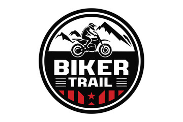 Biker Trail with Motorcycle and Mountain Landscape Silhouette on White