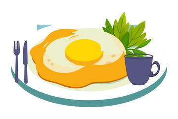 Fried eggs on a plate with coffee Vector illustration 
