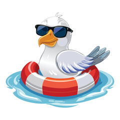 A cute cartoon seagull with a lifebuoy and sunglasses, ready for a fun summer vacation