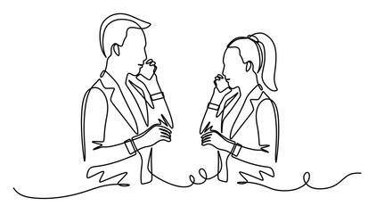 continuous line art of a man and a woman communicating over the phone. concept of communication via smartphone