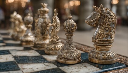 Detailed ornate chess pieces sit on a classic black and white chessboard. Use it to illustrate strategy, intellect, games, or even competition.