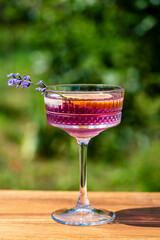 Bright cocktail or lemonade served in elegant crystal glass on wooden table against of a green summer garden. Purple color drink with lavender herb flowers and slice of lemon, closeup